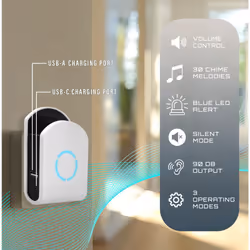 Wireless Plug-in Door Chime with Built-in USB-A & USB-C Charger, 200m Operating Range, 30 Different Chimes, LED Chime Alert, Easy Install