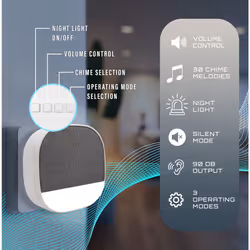 Wireless Battery Free Plug-in Door Chime with Built-in Night Light, Low Power Consumption, Self-Powered Kinetic Bell Push, 200m Operating Range, 30