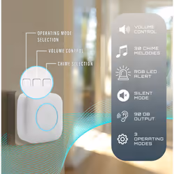 Wireless Plug-in Door Chime, 150m Operating Range, 30 Different Chimes, LED Colour Change Chime Alert, Easy Install