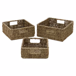 JVL Natural Seagrass Square Storage Baskets with Inset Handles Set of 3