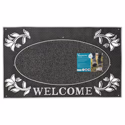 JVL Welcome Metallic Look Rectangular Floral Hard Wearing PVC Entrance Floor Door Mat, Silver/Black, 45 x 75 cm