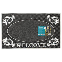 JVL Welcome Metallic Look Rectangular Floral Hard Wearing PVC Entrance Floor Door Mat, Silver/Black, 45 x 75 cm