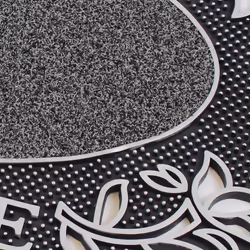 JVL Welcome Metallic Look Rectangular Floral Hard Wearing PVC Entrance Floor Door Mat, Silver/Black, 45 x 75 cm