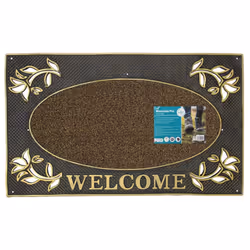 JVL Welcome Metallic Look Rectangular Floral Hard Wearing PVC Entrance Floor Door Mat, Gold/Black, 45 x 75 cm