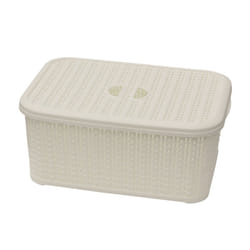 JVL Knit Design Loop Plastic Lidded Rectangular Storage Basket with Handles, Ivory, 20 x 28.5 x 12.5 cm, 6 Litres