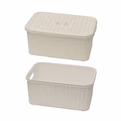 JVL Knit Design Loop Plastic Lidded Rectangular Storage Basket with Handles, Ivory, 20 x 28.5 x 12.5 cm, 6 Litres