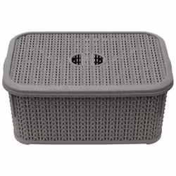 JVL 13-356GY Knit Design Loop Plastic Lidded Rectangular Storage Basket with Handles, Grey, 20 x 28.5 x 12.5 cm, 6 Litres
