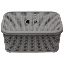 JVL 13-356GY Knit Design Loop Plastic Lidded Rectangular Storage Basket with Handles, Grey, 20 x 28.5 x 12.5 cm, 6 Litres