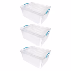 JVL Plastic Clip Lidded Storage Box, Stackable & Nestable, Clear, Set of 3, 25L