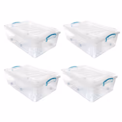 JVL Plastic Clip Lidded Underbed Storage Box with Wheels, Stackable & Nestable, Clear, Set of 4, 30L