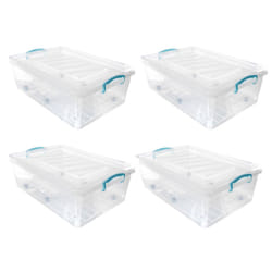JVL Plastic Clip Lidded Underbed Storage Box with Wheels, Stackable & Nestable, Clear, Set of 4, 30L