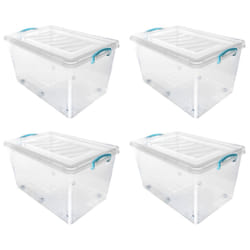 JVL Plastic Clip Lidded Storage Box with Wheels, Stackable and Nestable, Clear, Set of 4, 50L