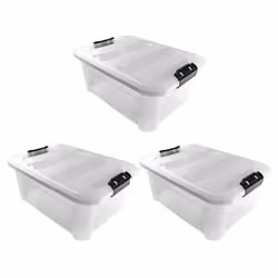 JVL Plastic Secure Clip Lidded Storage Box, Stackable & Nestable, Clear, Set of 3, 25L