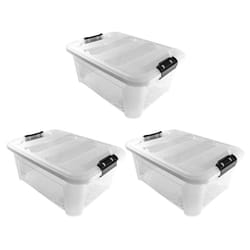 JVL Plastic Secure Clip Lidded Storage Box, Stackable & Nestable, Clear, Set of 3, 25L