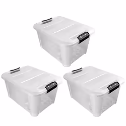 JVL Plastic Secure Clip Lidded Storage Box, Stackable & Nestable, Clear, Set of 3, 30L