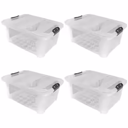 JVL Plastic Secure Clip Lidded Storage Box, Stackable & Nestable, Clear, Set of 4, 40L