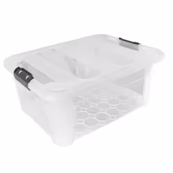 JVL Plastic Secure Clip Lidded Storage Box, Stackable & Nestable, Clear, Set of 4, 40L