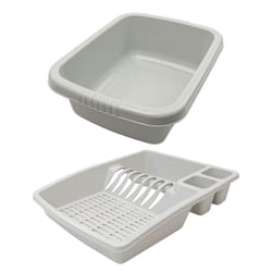 JVL Plastic Dish Drainer and Rectangular Washing Up Bowl Kitchen Set, Grey