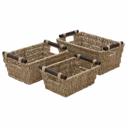 JVL Seagrass Set of 3 Tapered Storage Baskets with Wooden Handles