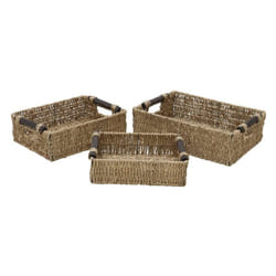 JVL Seagrass Set of 3 Rectangular Storage Baskets with Wooden Handles