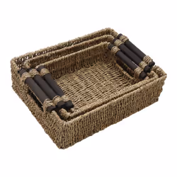 JVL Seagrass Set of 3 Rectangular Storage Baskets with Wooden Handles