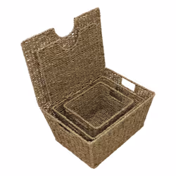 JVL Seagrass Set of 3 Rectangular Lidded Storage Storage Baskets