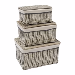 JVL Arianna Rectangular Willow Hamper Basket, Set of 3, Grey Wash