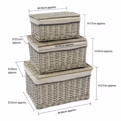JVL Arianna Rectangular Willow Hamper Basket, Set of 3, Grey Wash
