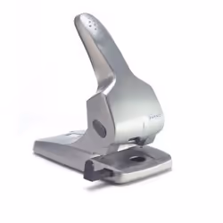 Extra heavy duty two hole punch with neat flat open confetti tray. Handle lock down switch for easy storage. Integral paper g ...