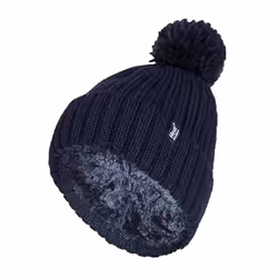 Ladies Ribbed Cuffed Thermal Insulated Winter Pom Pom Bobble Hat - One Size, Navy