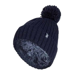 Ladies Ribbed Cuffed Thermal Insulated Winter Pom Pom Bobble Hat - One Size, Navy