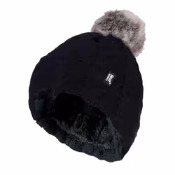 Heat Holders - Ladies Knit Fleece Lined Thermal Bobble Hat with Pom Pom - One Size, Black
