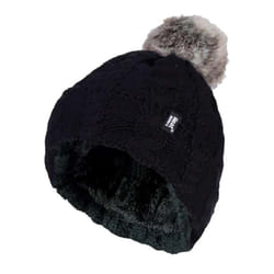 Heat Holders - Ladies Knit Fleece Lined Thermal Bobble Hat with Pom Pom - One Size, Black