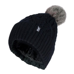 Ladies Ribbed Cuffed Pom Pom Bobble Beanie Hat with Fleece Lining - One Size, Black