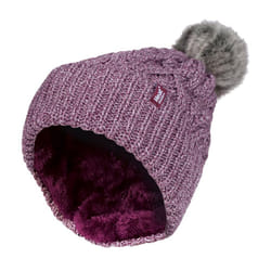 Ladies Ribbed Cuffed Pom Pom Bobble Beanie Hat with Fleece Lining - One Size, Rose