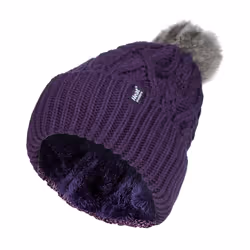 Ladies Ribbed Cuffed Pom Pom Bobble Beanie Hat with Fleece Lining - One Size, Purple