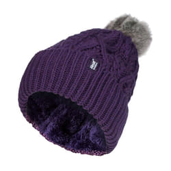 Ladies Ribbed Cuffed Pom Pom Bobble Beanie Hat with Fleece Lining - One Size, Purple