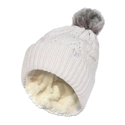 Ladies Ribbed Cuffed Pom Pom Bobble Beanie Hat with Fleece Lining - One Size, Cream