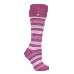 Heat Holders - Ladies Striped Knee High Thermal Wellington Boot Socks - Pink Stripe