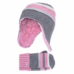 Heat Holders - Girls Winter Thermal Pom Pom Beanie Hat & Mittens Set - Pebble Grey