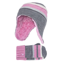 Heat Holders - Girls Winter Thermal Pom Pom Beanie Hat & Mittens Set - Pebble Grey