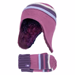 Heat Holders - Girls Winter Thermal Pom Pom Beanie Hat & Mittens Set - Red Violet