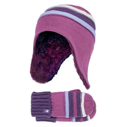 Heat Holders - Girls Winter Thermal Pom Pom Beanie Hat & Mittens Set - Red Violet