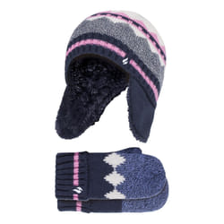 Heat Holders - Girls Fairisle Nordic Winter Thermal Hat & Mittens Set - Navy