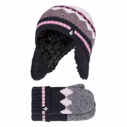 Heat Holders - Girls Fairisle Nordic Winter Thermal Hat & Mittens Set - Black