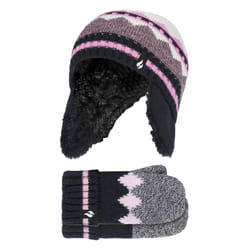 Heat Holders - Girls Fairisle Nordic Winter Thermal Hat & Mittens Set - Black