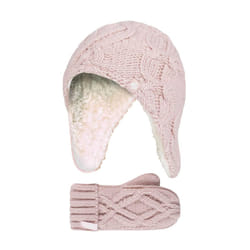 Heat Holders - Girls Cable Knitted Design Trapper Hat & Mittens Set - 3-6 Years, Dusky Pink