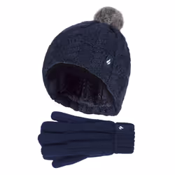 Heat Holders - Girls Thermal Warm Cosy Turnover Hat & Gloves Set - Navy