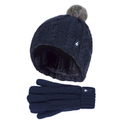 Heat Holders - Girls Thermal Warm Cosy Turnover Hat & Gloves Set - Navy