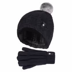 Heat Holders - Girls Thermal Warm Cosy Turnover Hat & Gloves Set - Black